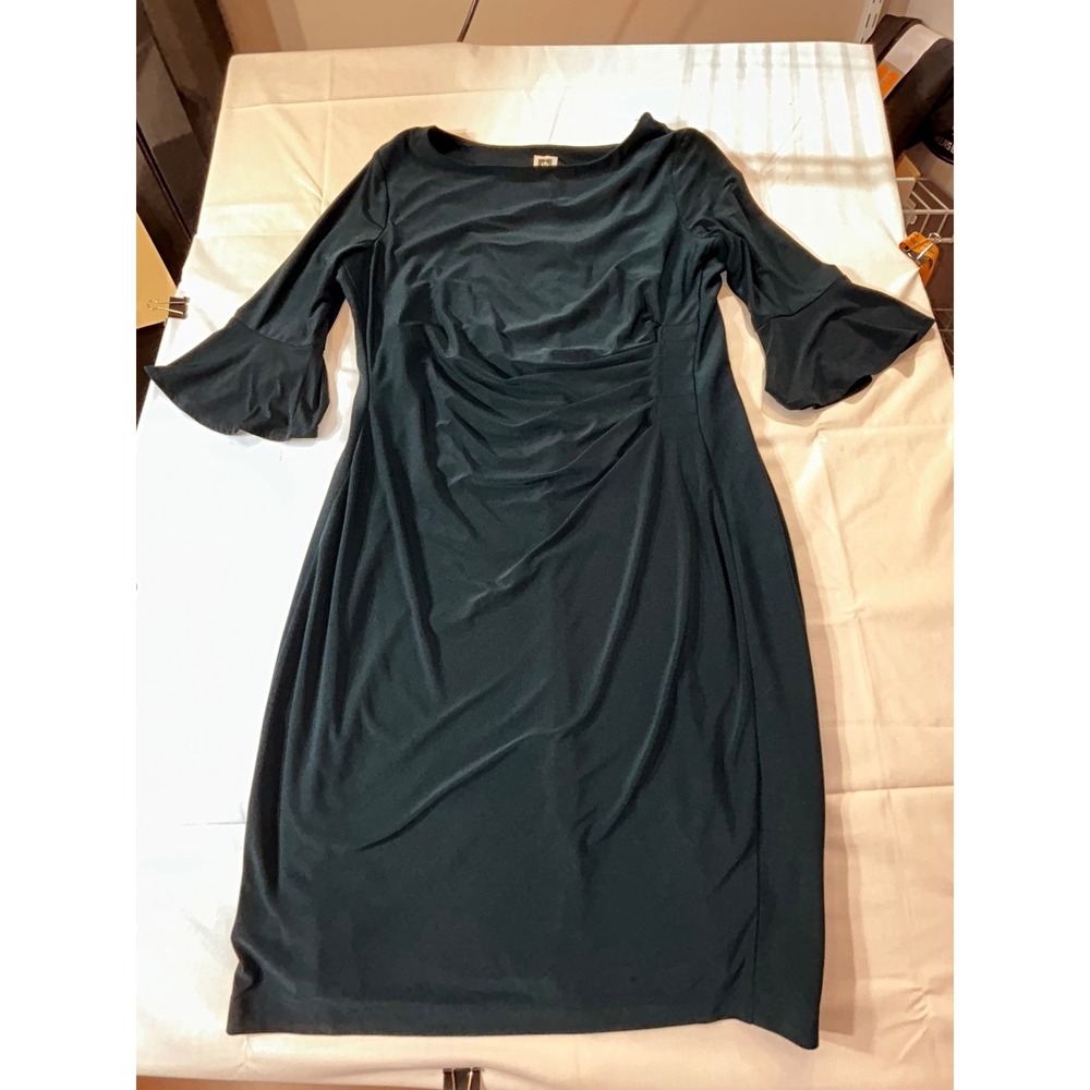 Anne Klein Teal Green Ruched Sheath Dress Bell Sleeve Size 16